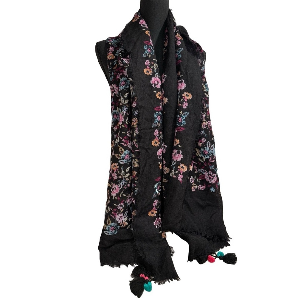 Boho Floral Tassel Scarf – Large Black Pashmina Style Shawl Pink & Blue Flowers - Picture 5 of 17